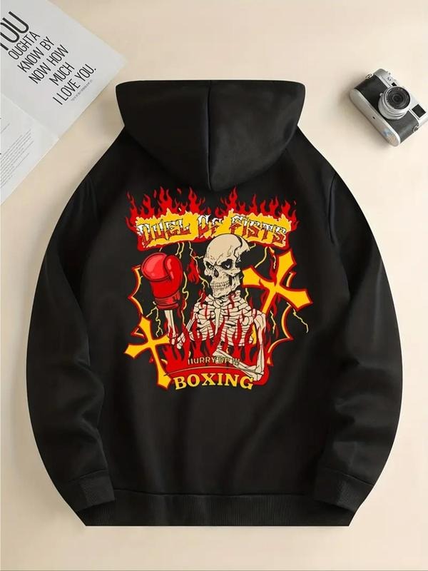 Women'WB shield Boxing Skull & Letter Print Drop Shoulder Hoodie, Fashion Casual Drawstring Pocket Hooded Sweatshirt for...