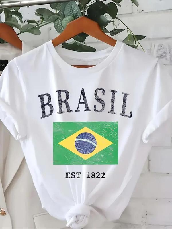 Women'WB shield Brazil Flag & Letter Print Round Neck Graphic Tee, Vintage Trendy Casual Short Sleeve T-shirt for Daily Wear, Ladies Summer Outfit