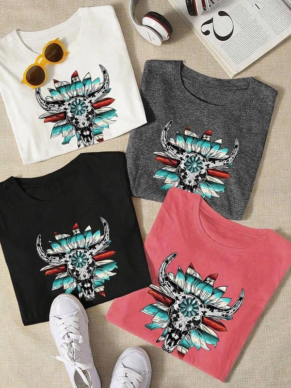 Women'WB shield Bull Head & Floral Print Round Neck Tee, Casual Short Sleeve Crew Neck T-Shirt for Summer, Fashion...