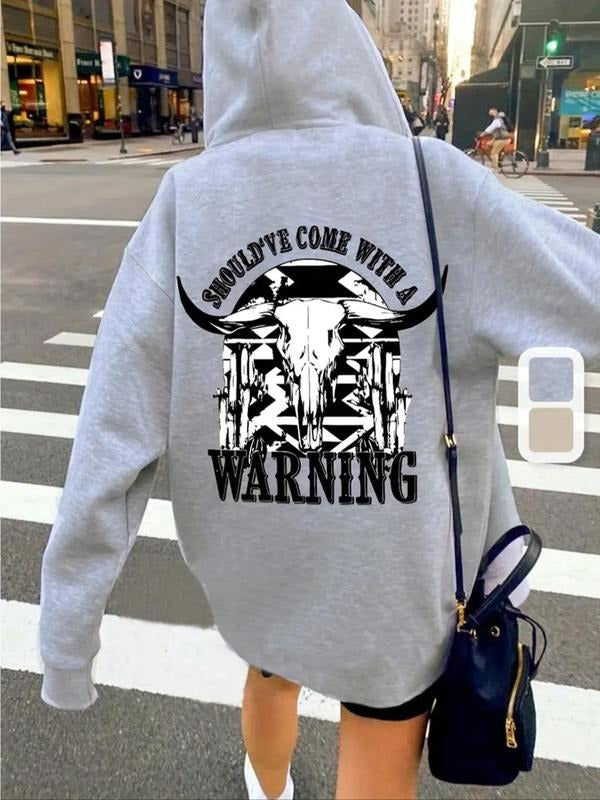 Women'WB shield Bull Head & Letter Print Drop Shoulder Hoodie, Fashion Casual Drawstring Pocket Hooded Sweatshirt for...