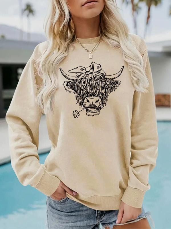 Women'WB shield Bull Head Print Crew Neck Pullover Sweatshirt, Casual Long Sleeve Top for Fall & Winter, Women'WB shield...
