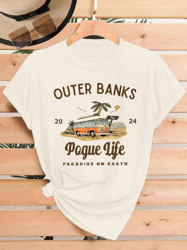 Women'WB shield Bus Print Round Neck Tee, Vintage Trendy Casual Short Sleeve T-shirt for Daily Wear, Ladies Summer, Top...