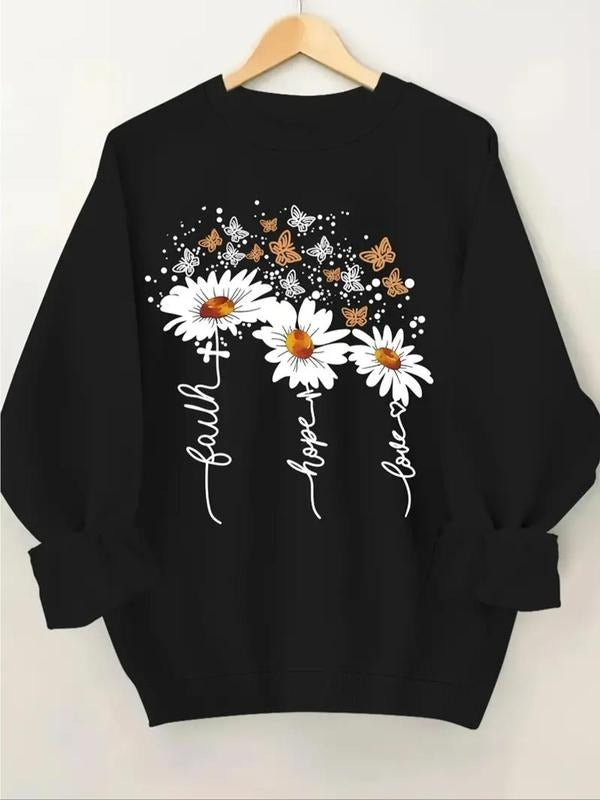 Women'WB shield Butterfly & Daisy Print Round Neck Sweatshirt, Casual Long Sleeve Crew Neck Pullover for Fall & Winter,...