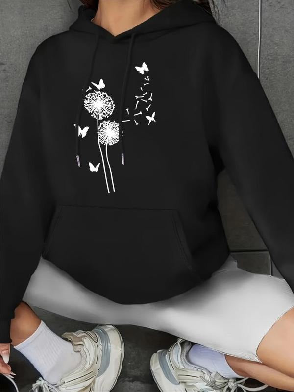 Women'WB shield Butterfly & Dandelion Print Drop Shoulder Hoodie, Fashion Casual Drawstring Pocket Hooded Sweatshirt for...