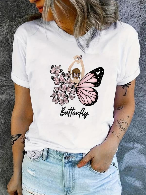 Women'WB shield Butterfly & Figure & Letter Print Round Neck Tee, Vintage Trendy Casual Short Sleeve T-shirt for Daily...