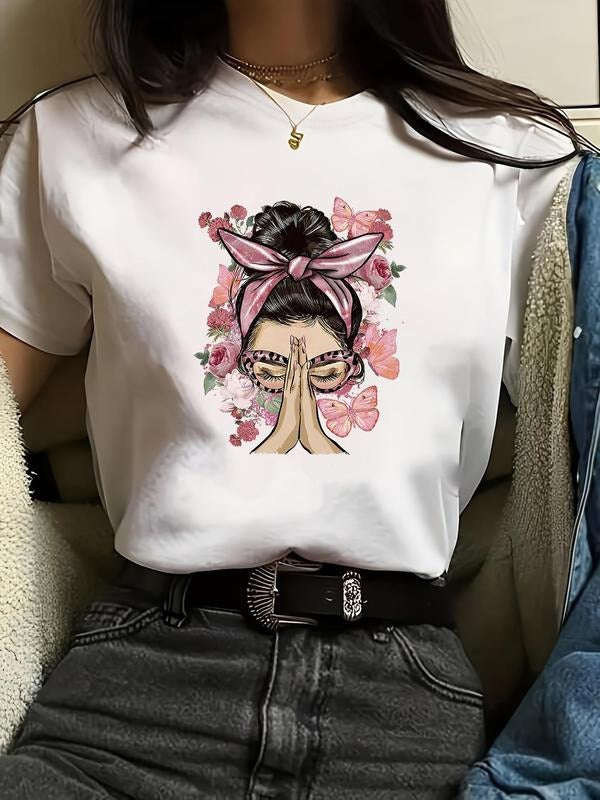 Women'WB shield Butterfly & Figure Print Tee, Fashion Casual Crew Neck T-shirt for Daily Holiday Vacation Outdoor Wear,...
