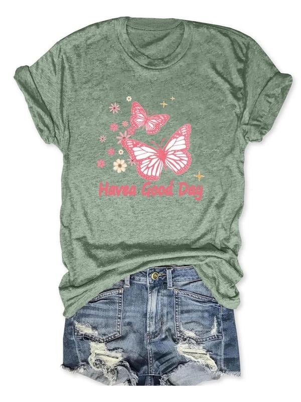 Women'WB shield Butterfly & Floral & "Havea Good Day" Letter Print Round Neck Tee, Trendy Casual Short Sleeve Crew Neck T-Shirt for Daily Wear, Ladies Spiky hair fighters Seasons Outfit