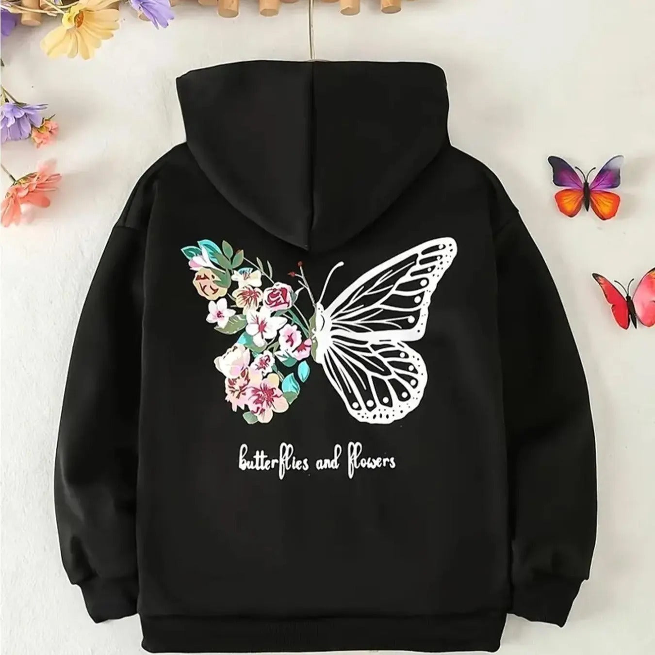 Women'WB shield Butterfly & Floral Print Drawstring Pocket TNF Lined Hoodie, Fashion Casual Hooded Sweatshirt for Daily...