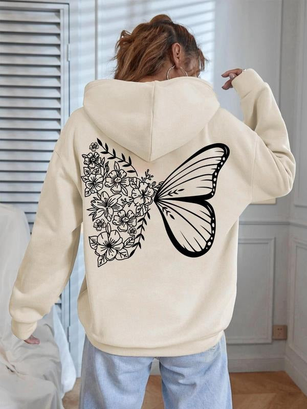 Women'WB shield Butterfly & Floral Print Drop Shoulder Hoodie, Casual Fashion Drawstring Pocket Hooded Sweatshirt for...