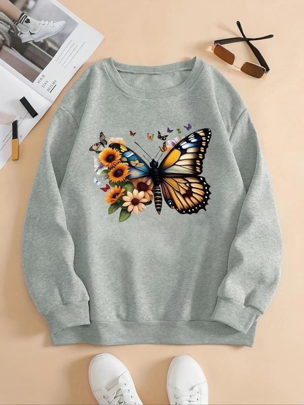 Women'WB shield Butterfly & Floral Print Drop Shoulder Sweatshirt, Casual Long Sleeve Round Neck Pullover for Fall &...