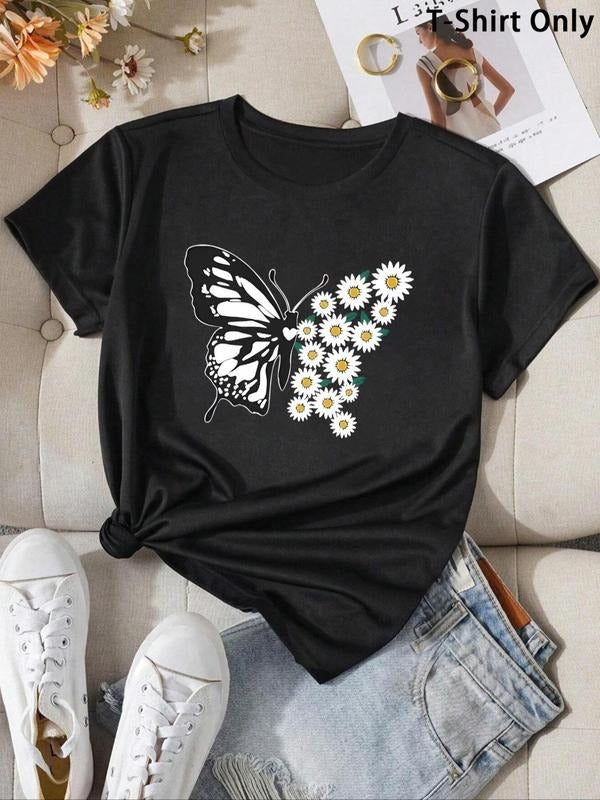 Women'WB shield Butterfly & Floral Print Round Neck Graphic Tee, Casual Short Sleeve T-shirt For Daily Wear, Vintage...