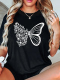 Women'WB shield Butterfly & Floral Print Round Neck Tee, Fashion Casual Crew Neck T-Shirt for Daily Holiday Vacation Outdoor Wear, Ladies TNF for Summer style 03