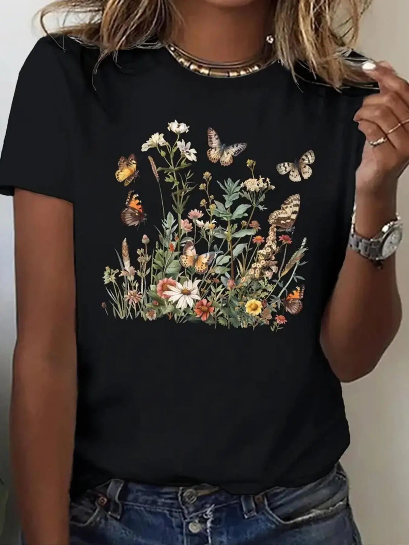 Women'WB shield Butterfly & Floral Print Round Neck Tee, Vintage Trendy Casual Crew Neck Short Sleeve T-Shirt for Daily...