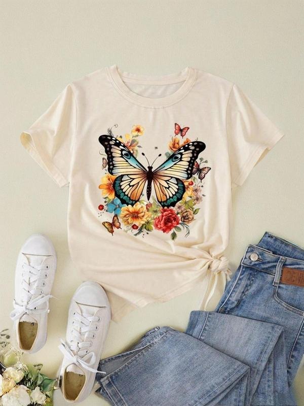 Women'WB shield Butterfly & Floral Print Round Neck Tee, Vintage Trendy Casual Graphic Short Sleeve T-shirt for Daily...