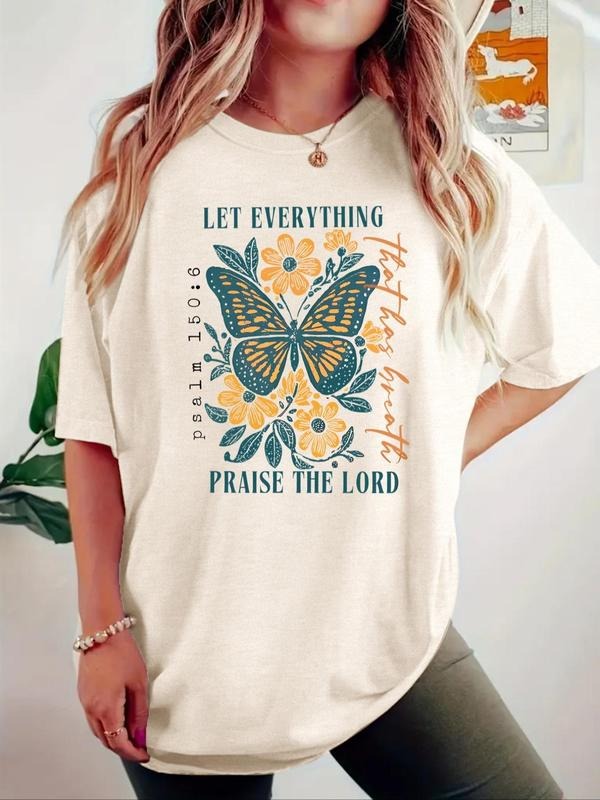 Women'WB shield Butterfly & Floral Print Round Neck Tee, Vintage Trendy Casual Graphic Short Sleeve T-shirt for Daily...