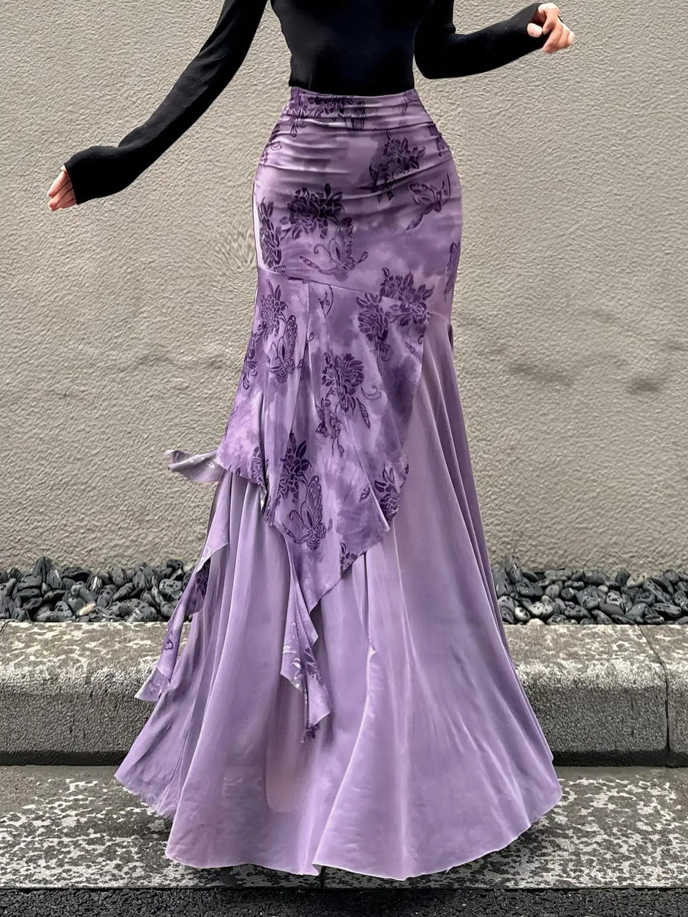Women'WB shield Butterfly & Floral Print Ruched Tiered Breathing styles Mermaid Skirt, Elegant Asymmetrical High Waist...