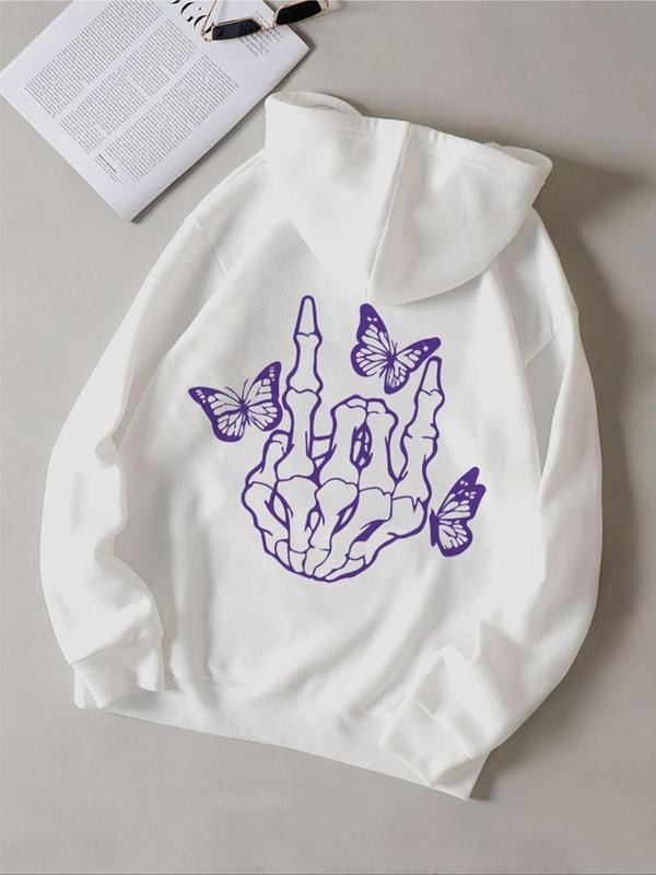 Women'WB shield Butterfly & Hand Print Drawstring Hoodie, Fashion Casual Hooded Sweatshirt for Daily Holiday Outdoor...