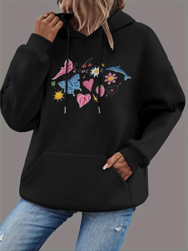 Women'WB shield Butterfly & Heart Print Drop Shoulder Hoodie, Fashion Casual Drawstring Pocket Hooded Sweatshirt for...