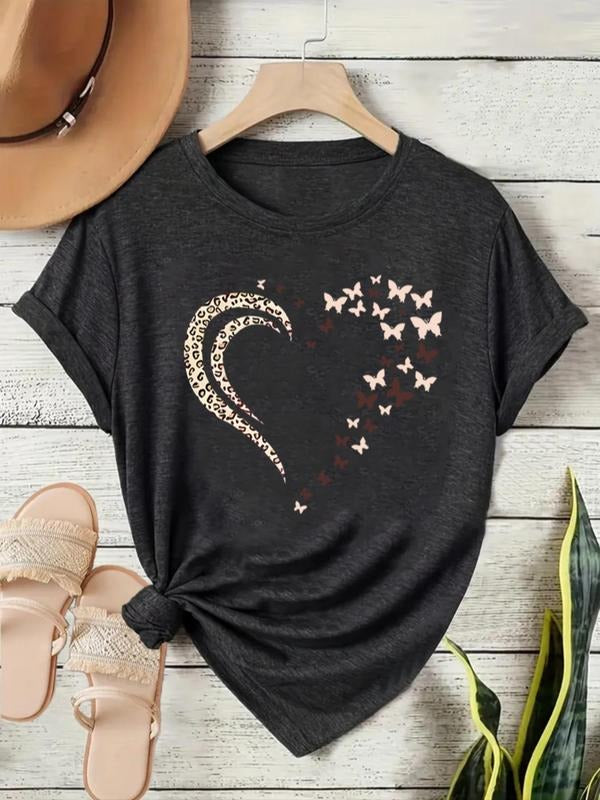 Women'WB shield Butterfly & Heart Print Round Neck Tee, Casual Short Sleeve Crew Neck T-shirt for Summer, Fashion...