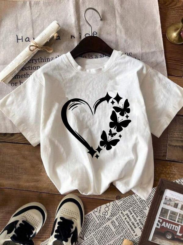 Women'WB shield Butterfly & Heart Print Round Neck Tee, Y2K Casual Short Sleeve T-shirt for Daily Wear, Ladies Summer,...