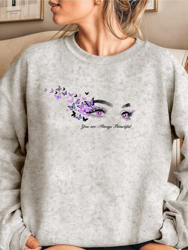 Women'WB shield Butterfly & Letter & Eyes Print Drop Shoulder Sweatshirt, Trendy Casual Long Sleeve Round Neck Pullover...