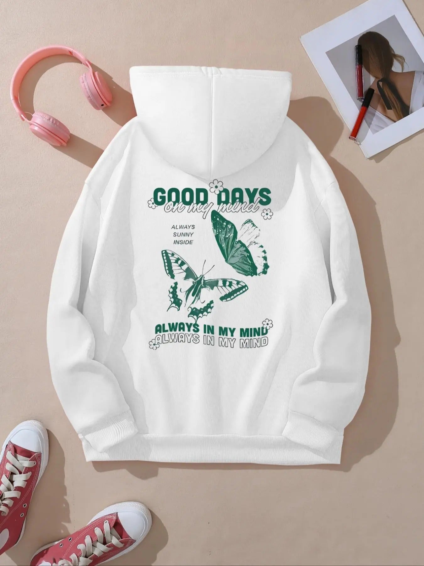Women'WB shield Butterfly & Letter & Flower Print Drawstring Pocket Hoodie, Fashion Casual Hooded Sweatshirt for Daily...