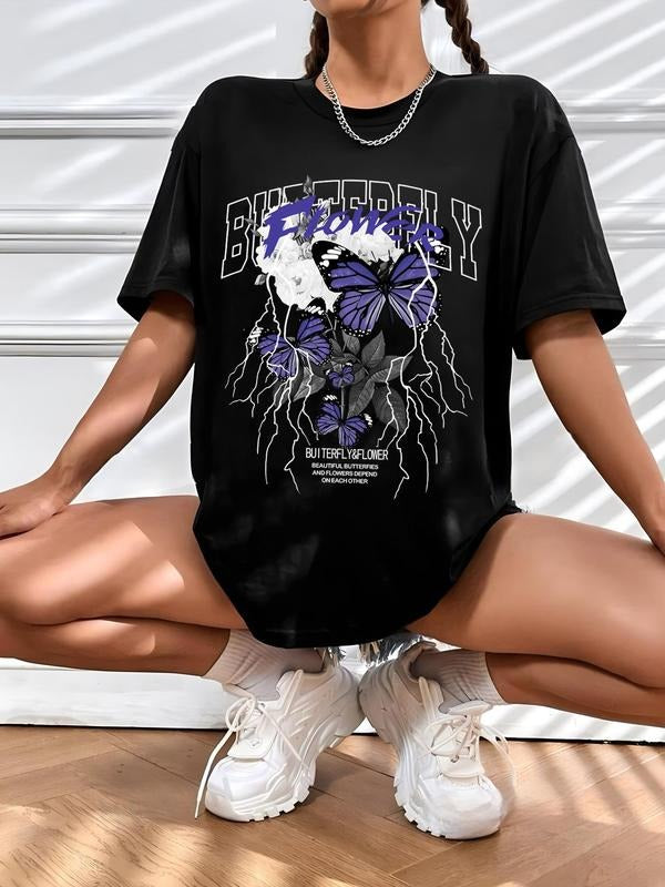 Women'WB shield Butterfly & Letter Graphic Print Round Neck Tee, Fashion Casual Short Sleeve T-Shirt for Summer, Women'WB...