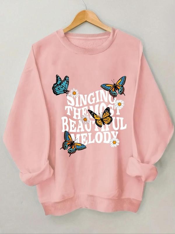 Women'WB shield Butterfly & Letter Print Crew Neck Sweatshirt, Casual Long Sleeve Pullover for Spring & Fall, Women'WB...