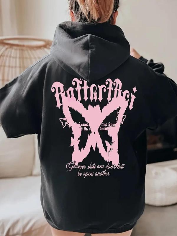 Women'WB shield Butterfly & Letter Print Drawstring Hoodie, Fashion Casual Hooded Sweatshirt for Daily Holiday Outdoor...