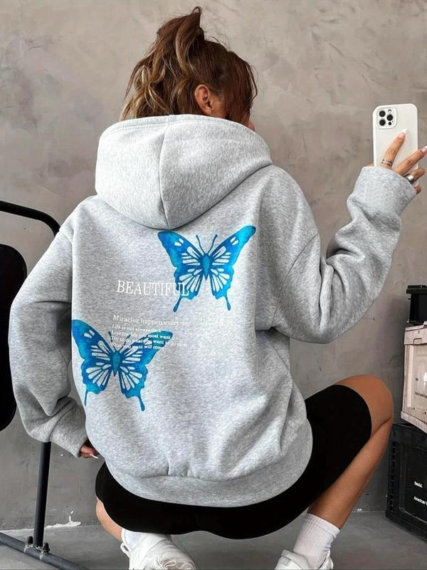 Women'WB shield Butterfly & Letter Print Drawstring Hoodie, Fashion Casual Kangaroo Pocket Hooded Sweatshirt for Daily...