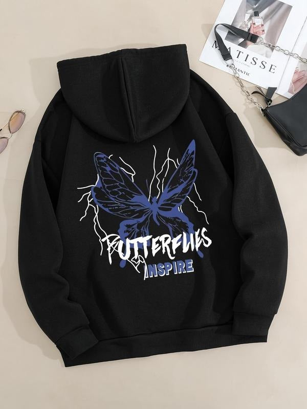 Women'WB shield Butterfly & Letter Print Drawstring Pocket Hoodie, Fashion Casual Hooded Sweatshirt for Daily Holiday Outdoor Wear, Women Clothing for Fall & Winter style 03