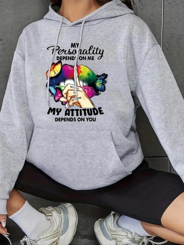 Women'WB shield Butterfly & Letter Print Drop Shoulder Hoodie, Fashion Casual Drawstring Pocket Hooded Sweatshirt for...