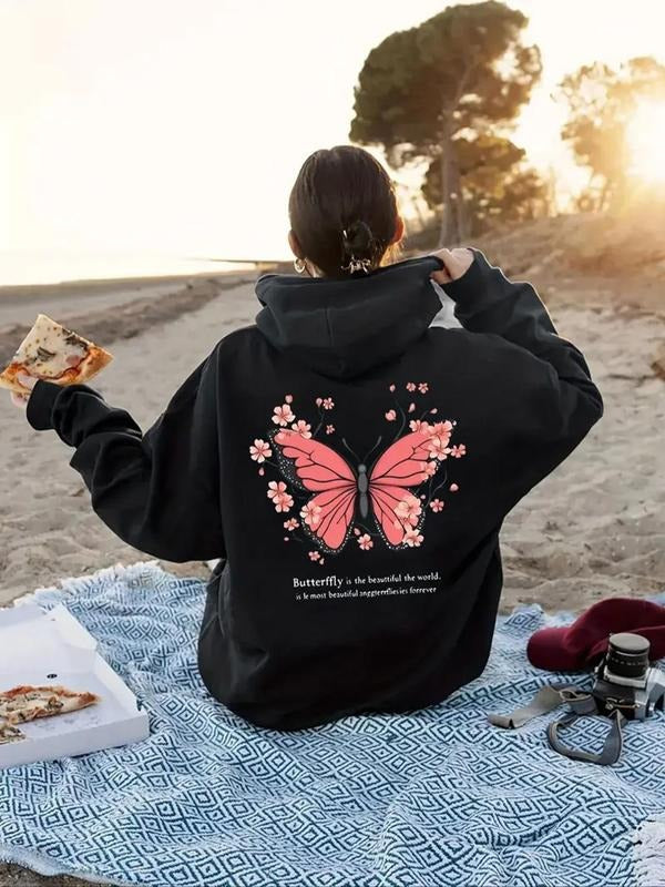 Women'WB shield Butterfly & Letter Print Drop Shoulder Hoodie, Fashion Casual Drawstring Pocket Hooded Sweatshirt for...
