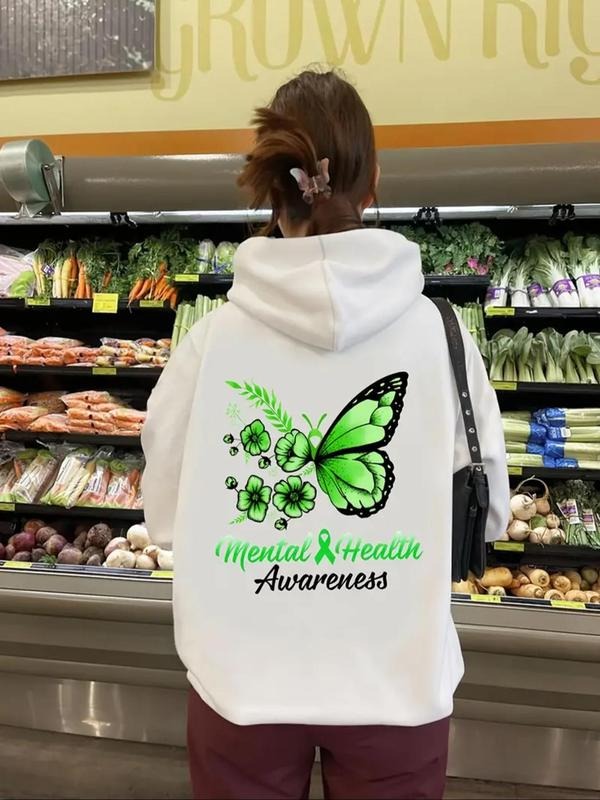 Women'WB shield Butterfly & Letter Print Drop Shoulder Hoodie, Fashion Casual Drawstring Pocket Hooded Sweatshirt for...