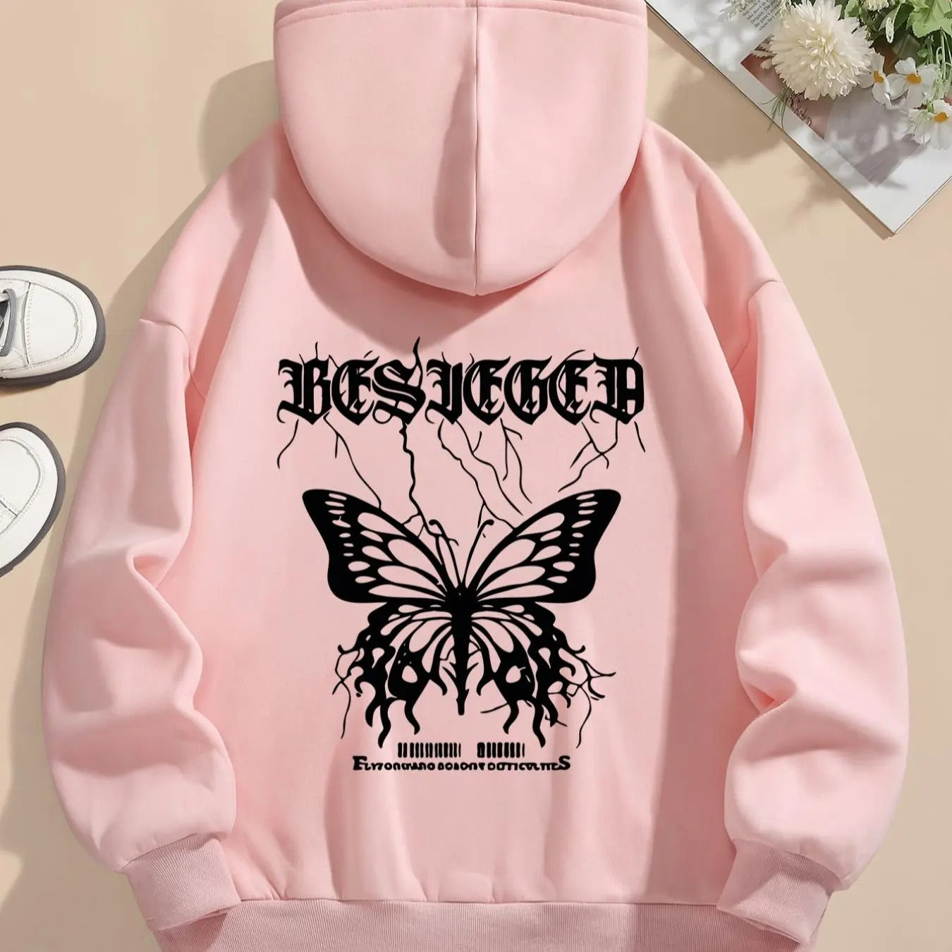 Women'WB shield Butterfly & Letter Print Drop Shoulder Long Sleeve Hoodie, Fashion Casual Drawstring Pocket Hooded...