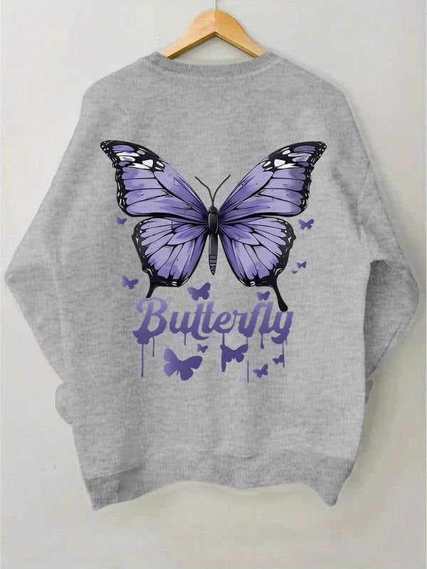 Women'WB shield Butterfly & Letter Print Drop Shoulder Sweatshirt, Casual Long Sleeve Round Neck Pullover for Fall &...