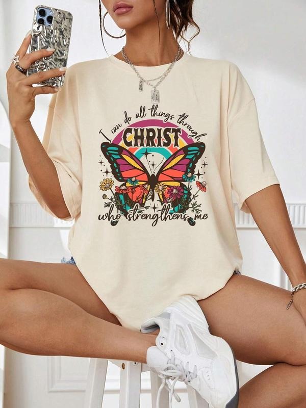 Women'WB shield Butterfly & Letter Print Round Neck Graphic Tee, Vintage Trendy Casual Drop Shoulder Half Sleeve T-shirt...