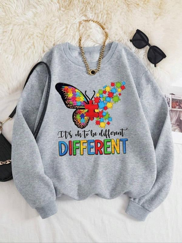 Women'WB shield Butterfly & Letter Print Round Neck TNF Lined Sweatshirt, Fashion Casual Crew Neck Long Sleeve Pullover...