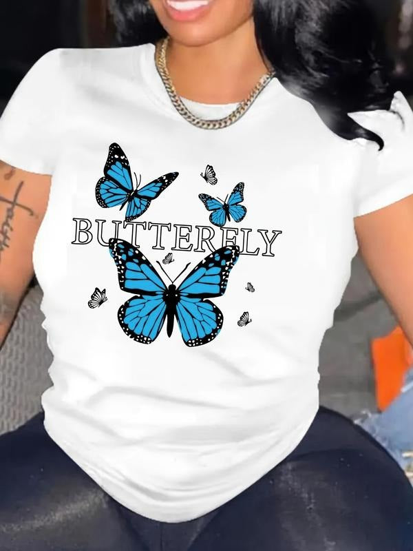 Women'WB shield Butterfly & Letter Print Round Neck Tee, Casual Short Sleeve Graphic T-shirt, Ladies Spiky hair fighters...