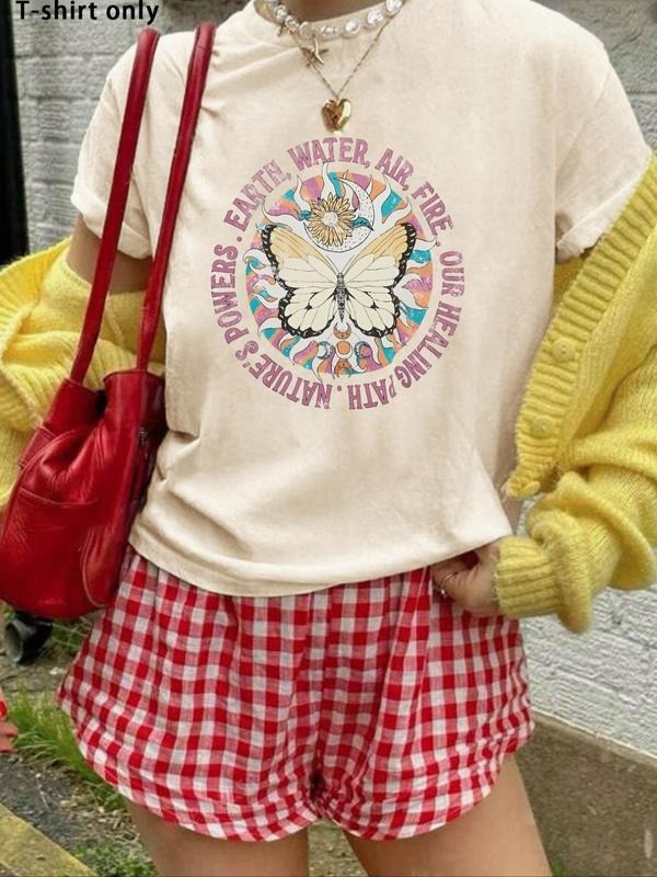 Women'WB shield Butterfly & Letter Print Round Neck Tee, Fashion Casual Crew Neck T-shirt for Daily Holiday Vacation...
