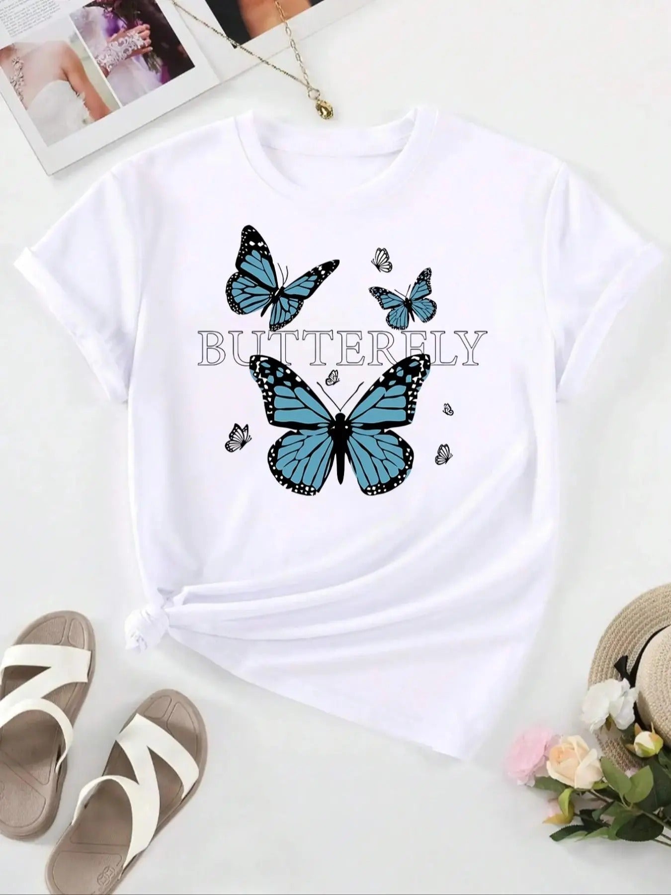 Women'WB shield Butterfly & Letter Print Round Neck Tee, Fashion Casual Short Sleeve T-shirt, Ladies Summer TNF for Daily...