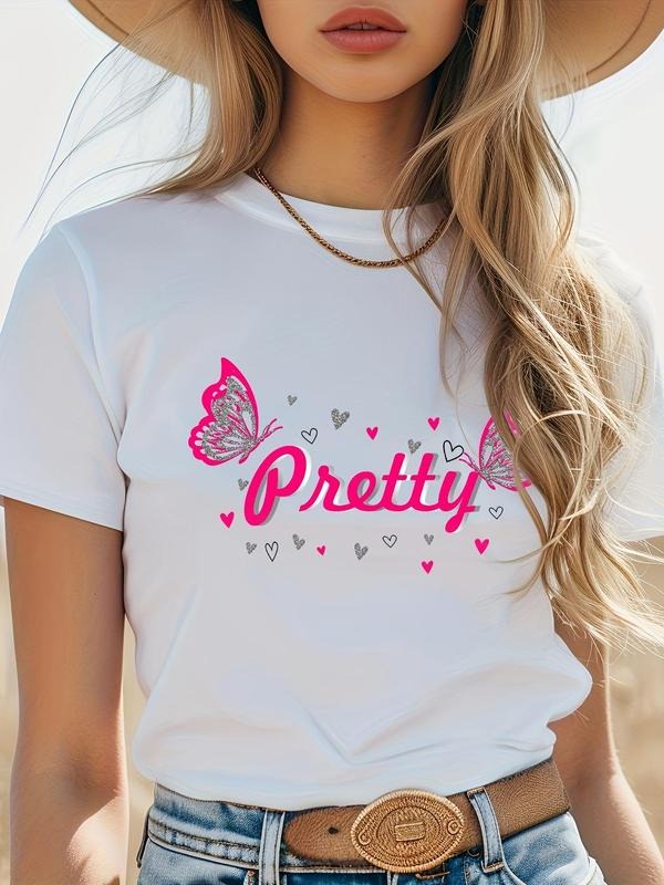 Women'WB shield Butterfly & Letter Print Round Neck Tee, Vintage Trendy Casual Short Sleeve T-shirt for Daily Wear, Ladies Spiky hair fighters Seasons Outfit style 02