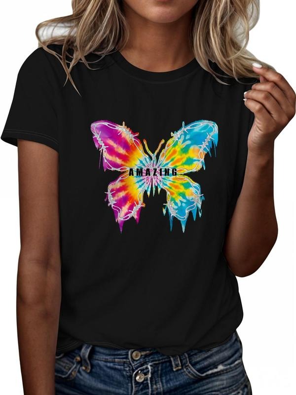 Women'WB shield Butterfly & Letter Print Round Neck Tee, Vintage Trendy Casual Short Sleeve T-shirt for Daily Wear, Ladies Spiky hair fighters Seasons Outfit style 04