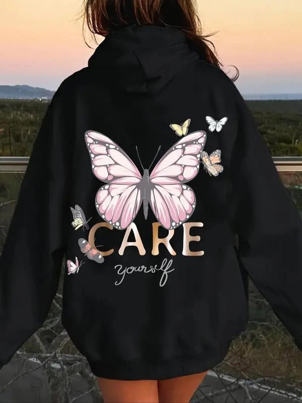 Women'WB shield Butterfly & Letter Print TNF Lined Hoodie, Fashion Casual Drawstring Pocket Hooded Sweatshirt for Daily...