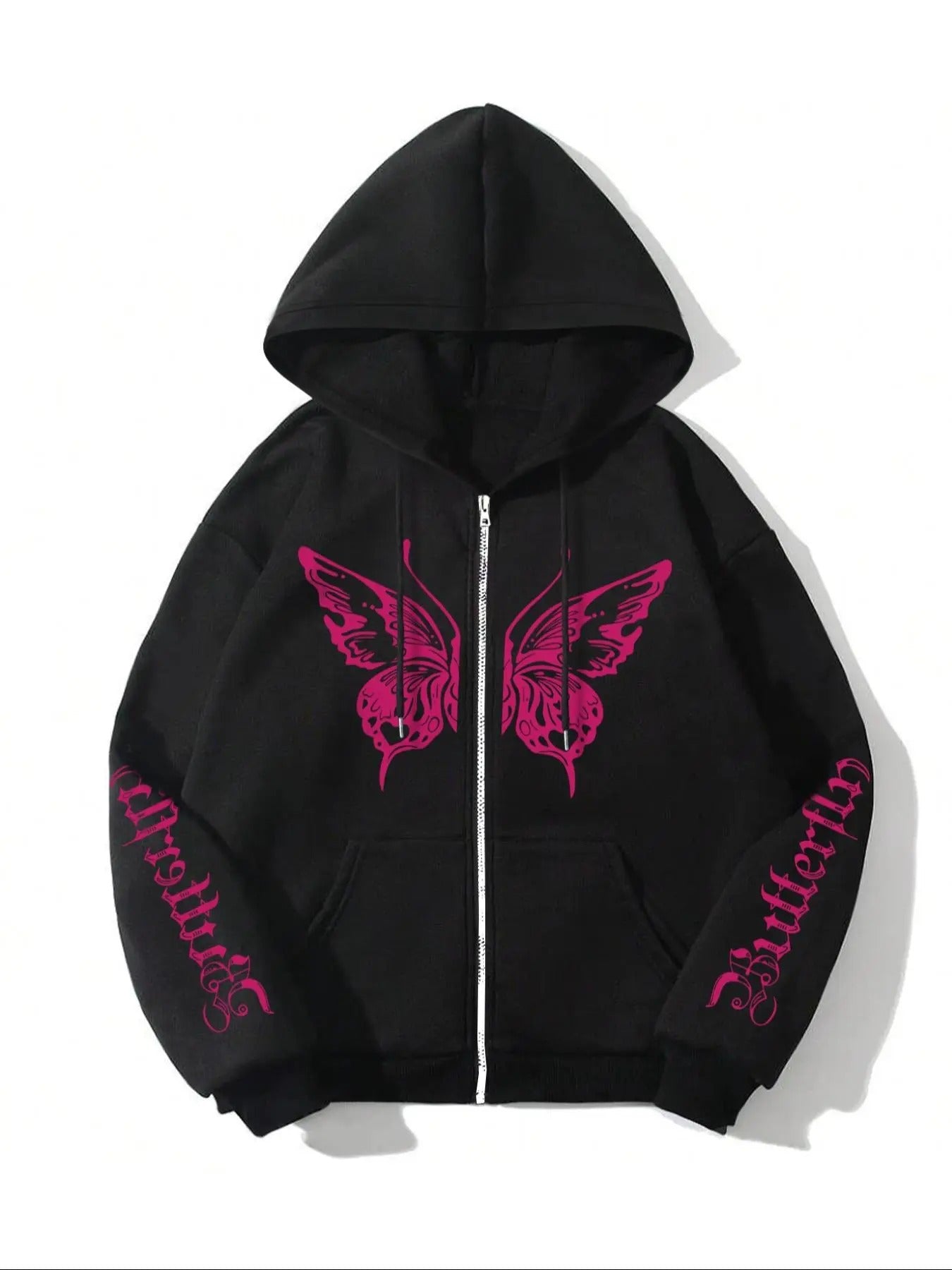 Women'WB shield Butterfly & Letter Print Zip Up Hoodie, Fashion Casual Long Sleeve Hooded Sweatshirt for Daily Holiday...