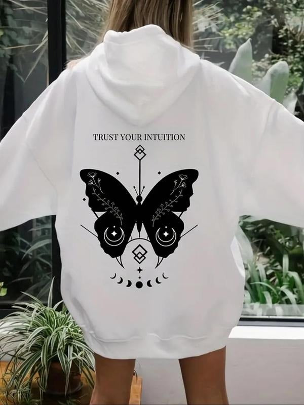 Women'WB shield Butterfly & Moon Print Hoodie, Casual Geometric Printed Pullover Hooded Sweatshirt for Fall & Winter,...