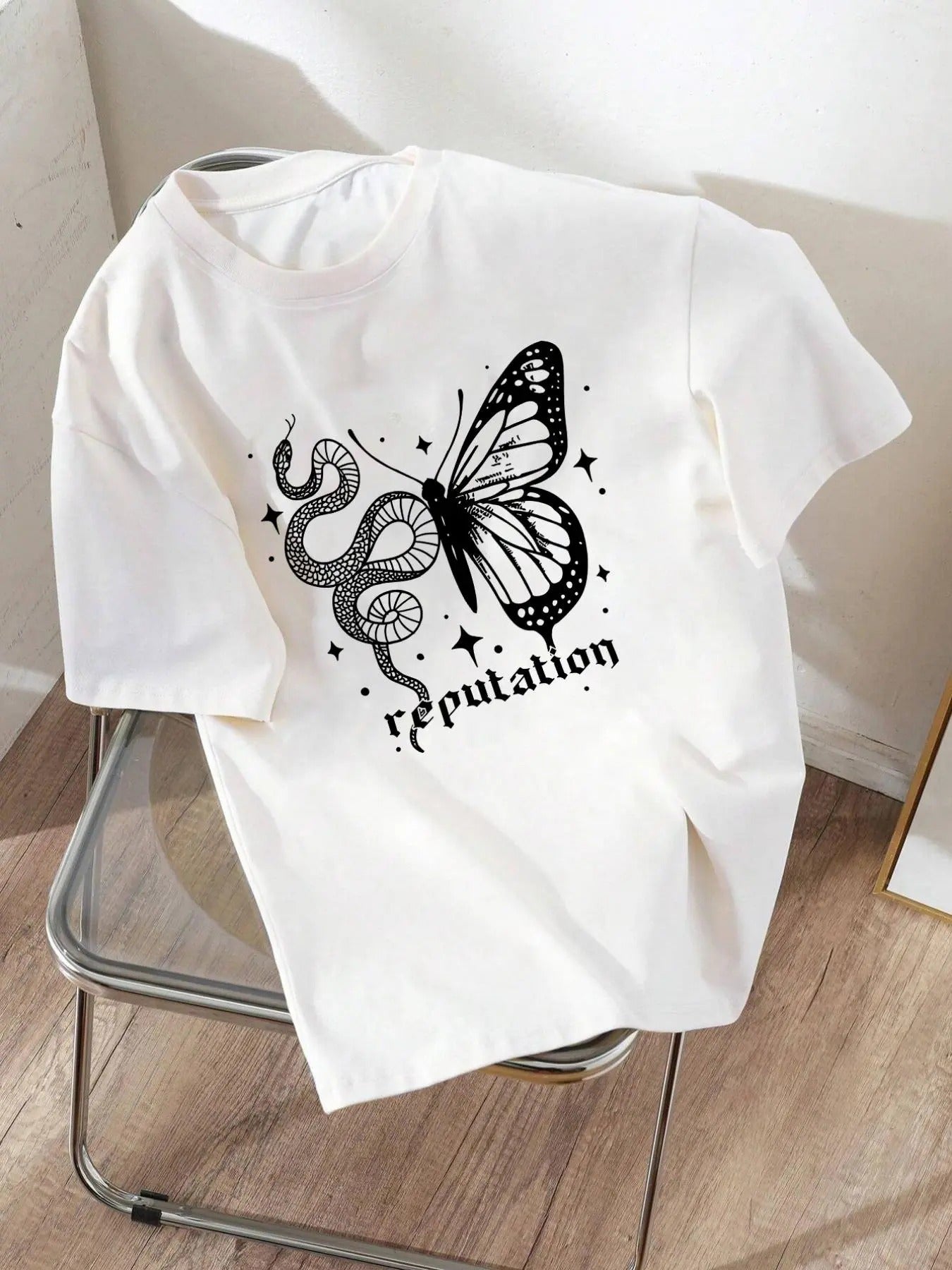 Women'WB shield Butterfly & Snake & Letter Print Round Neck Tee, Trendy Casual Drop Shoulder Short Sleeve T-Shirt for...