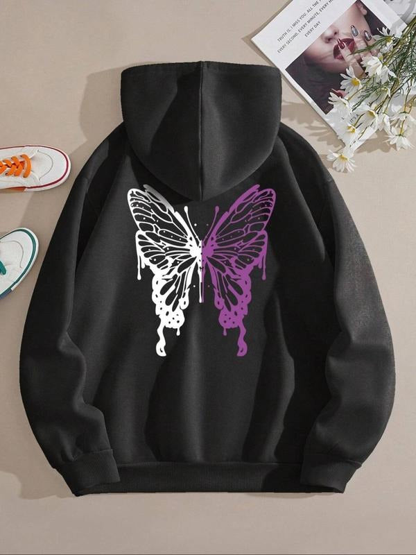 Women'WB shield Butterfly Print Drawstring Pocket Hoodie, Casual Long Sleeve Hooded Sweatshirt for Fall & Winter,...