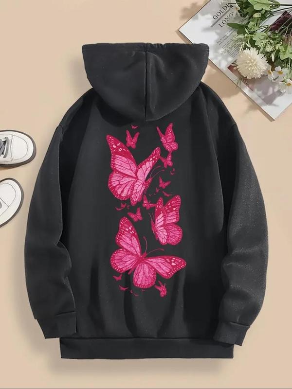 Women'WB shield Butterfly Print Drawstring Pocket Hoodie, Fashion Casual Hooded Sweatshirt for Daily Holiday Outdoor...