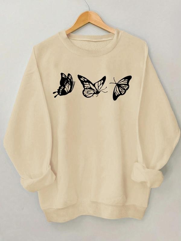Women'WB shield Butterfly Print Drop Shoulder Sweatshirt, Casual Long Sleeve Round Neck Pullover for Fall & Winter,...